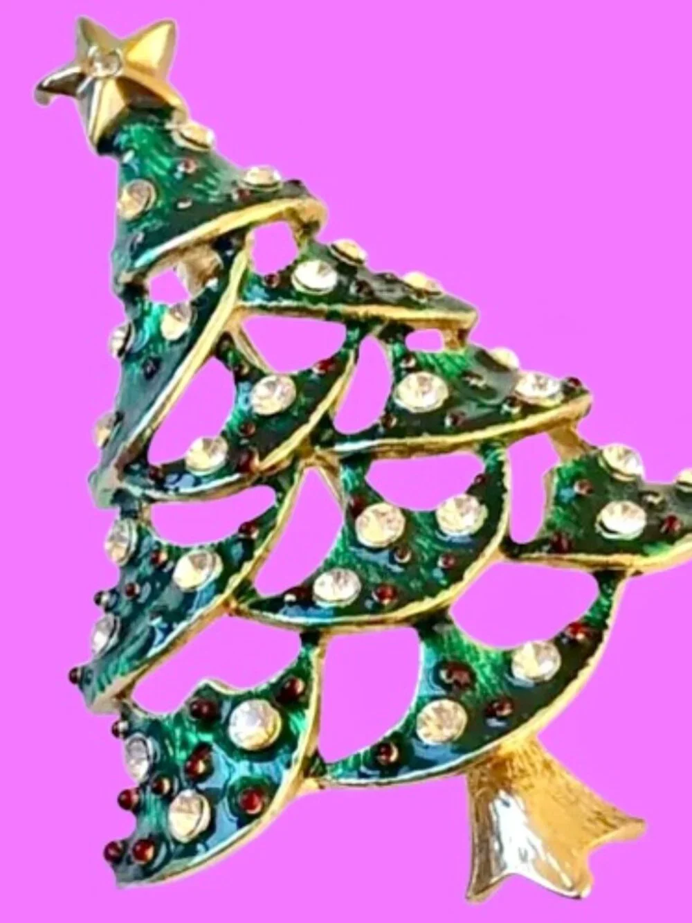 Vintage Christmas Tree Brooch Green Enamel Clear Rhinestones See Thru Cut-Outs